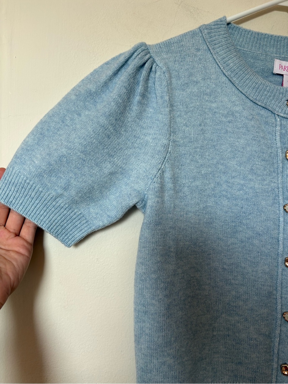 PARIS HILTON NEW Short Puff Sleeve Cropped Cardigan Blue Sz Medium - Picture 4 of 8